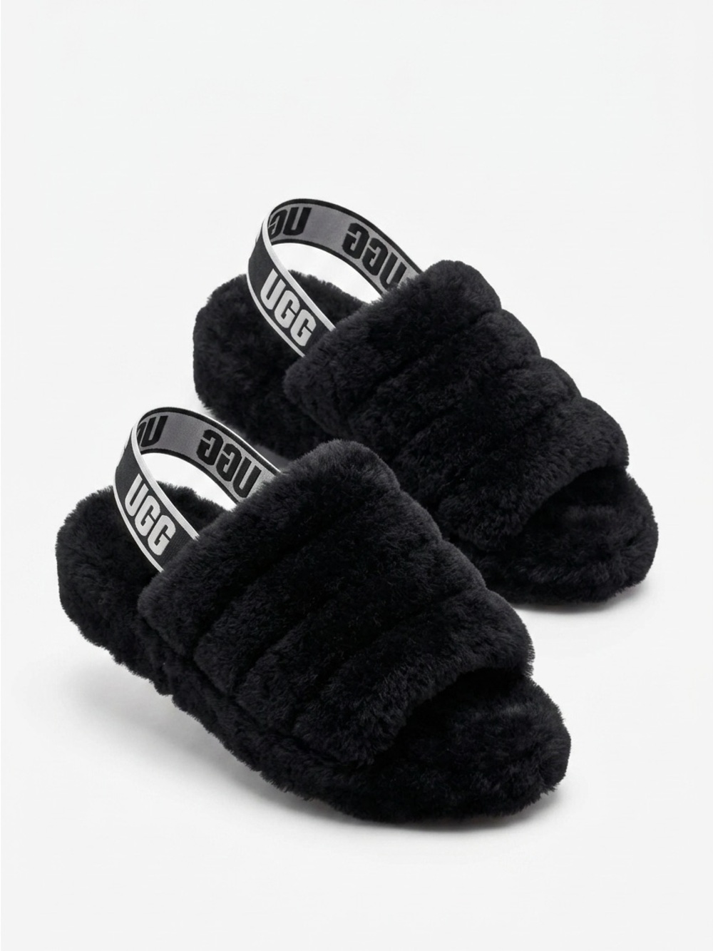 UGG FLUFF YEAH SLIDE BLACK SLINGBACK SHEEPSKIN SLIDE SLIPPERS SIZE 7